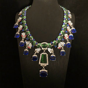 Blue Rhinestone Necklace and Earrings Set Women's Necklace and Ear Clips