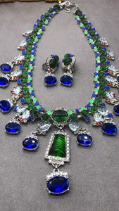 Blue Rhinestone Necklace and Earrings Set Women's Necklace and Ear Clips