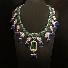 Load image into Gallery viewer, Blue Rhinestone Necklace and Earrings Set Women&#39;s Necklace and Ear Clips