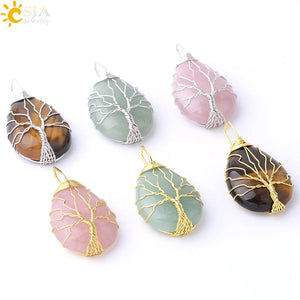 CSJA Tree of Life Necklace Natural Stone Pendant Gold Color Wire Wrap Gem Pink Quartz Tiger Eye Green Aventurine Suspension E585