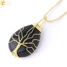 Load image into Gallery viewer, CSJA Tree of Life Necklace Natural Stone Pendant Gold Color Wire Wrap Gem Pink Quartz Tiger Eye Green Aventurine Suspension E585