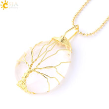 Load image into Gallery viewer, CSJA Tree of Life Necklace Natural Stone Pendant Gold Color Wire Wrap Gem Pink Quartz Tiger Eye Green Aventurine Suspension E585