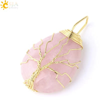 Load image into Gallery viewer, CSJA Tree of Life Necklace Natural Stone Pendant Gold Color Wire Wrap Gem Pink Quartz Tiger Eye Green Aventurine Suspension E585