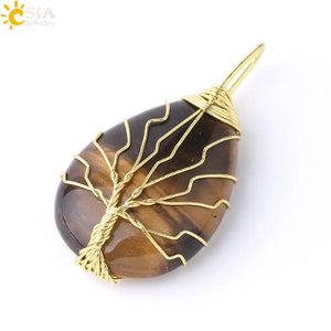 CSJA Tree of Life Necklace Natural Stone Pendant Gold Color Wire Wrap Gem Pink Quartz Tiger Eye Green Aventurine Suspension E585