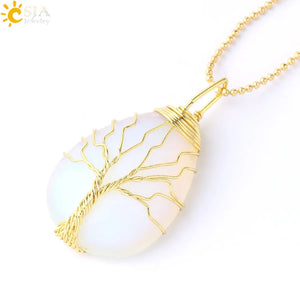 CSJA Tree of Life Necklace Natural Stone Pendant Gold Color Wire Wrap Gem Pink Quartz Tiger Eye Green Aventurine Suspension E585