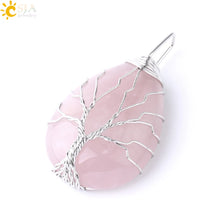 Load image into Gallery viewer, CSJA Tree of Life Necklace Natural Stone Pendant Gold Color Wire Wrap Gem Pink Quartz Tiger Eye Green Aventurine Suspension E585