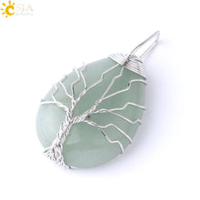 Load image into Gallery viewer, CSJA Tree of Life Necklace Natural Stone Pendant Gold Color Wire Wrap Gem Pink Quartz Tiger Eye Green Aventurine Suspension E585