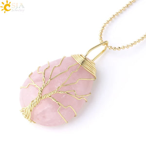 CSJA Tree of Life Necklace Natural Stone Pendant Gold Color Wire Wrap Gem Pink Quartz Tiger Eye Green Aventurine Suspension E585