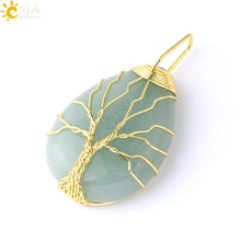 Load image into Gallery viewer, CSJA Tree of Life Necklace Natural Stone Pendant Gold Color Wire Wrap Gem Pink Quartz Tiger Eye Green Aventurine Suspension E585