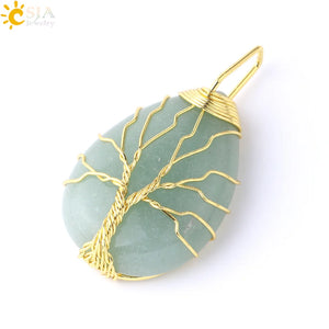 CSJA Tree of Life Necklace Natural Stone Pendant Gold Color Wire Wrap Gem Pink Quartz Tiger Eye Green Aventurine Suspension E585