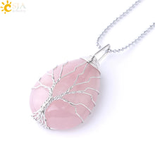 Load image into Gallery viewer, CSJA Tree of Life Necklace Natural Stone Pendant Gold Color Wire Wrap Gem Pink Quartz Tiger Eye Green Aventurine Suspension E585