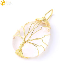 Load image into Gallery viewer, CSJA Tree of Life Necklace Natural Stone Pendant Gold Color Wire Wrap Gem Pink Quartz Tiger Eye Green Aventurine Suspension E585