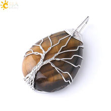 Load image into Gallery viewer, CSJA Tree of Life Necklace Natural Stone Pendant Gold Color Wire Wrap Gem Pink Quartz Tiger Eye Green Aventurine Suspension E585