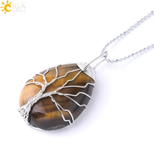 Load image into Gallery viewer, CSJA Tree of Life Necklace Natural Stone Pendant Gold Color Wire Wrap Gem Pink Quartz Tiger Eye Green Aventurine Suspension E585