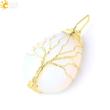 Load image into Gallery viewer, CSJA Tree of Life Necklace Natural Stone Pendant Gold Color Wire Wrap Gem Pink Quartz Tiger Eye Green Aventurine Suspension E585