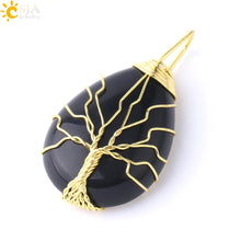 Load image into Gallery viewer, CSJA Tree of Life Necklace Natural Stone Pendant Gold Color Wire Wrap Gem Pink Quartz Tiger Eye Green Aventurine Suspension E585