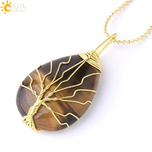 CSJA Tree of Life Necklace Natural Stone Pendant Gold Color Wire Wrap Gem Pink Quartz Tiger Eye Green Aventurine Suspension E585